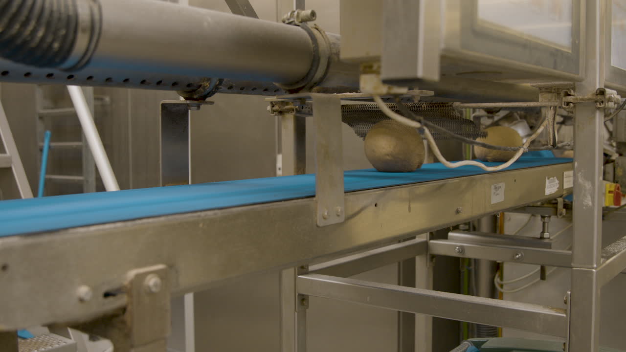 컨베이어 벨트 아래로 움직이는 반죽 공