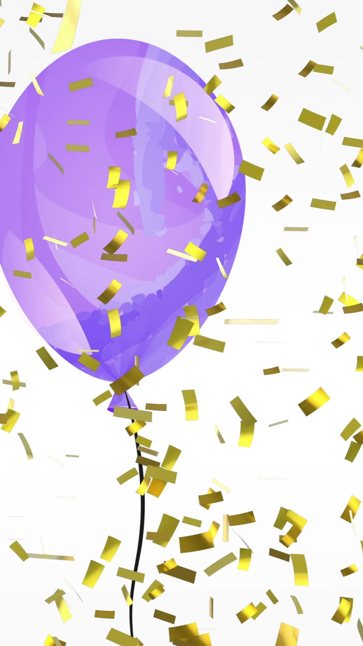 Animación de confeti dorado cayendo sobre un globo de fiesta morado en fondo blanco