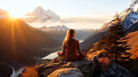 a woman meditates on a mountain at sunset in new zealand