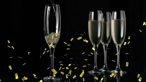 animation of champagne glasses and champagne pouring, with gold confetti falling on black background