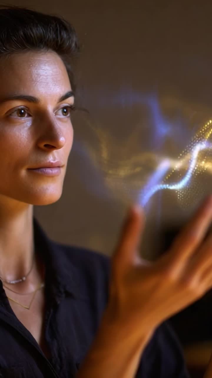 A woman gazes intently as ethereal, glowing wisps of energy emerge from her hand, merging imagination and reality in a mesmerizing display of light and creativity
