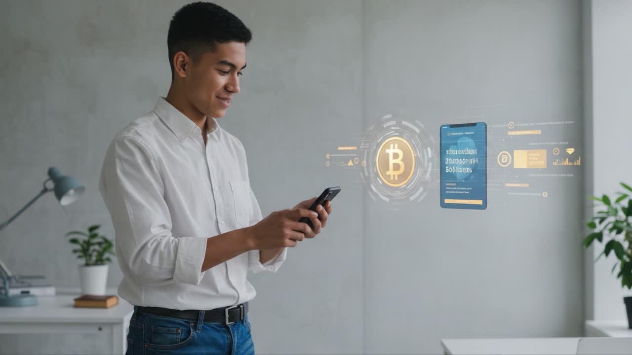 A Young Man Engages with Digital Blockchain Technology on His Smartphone, Exploring Cryptocurrency Information and Virtual User Interfaces in a Modern Office Setting