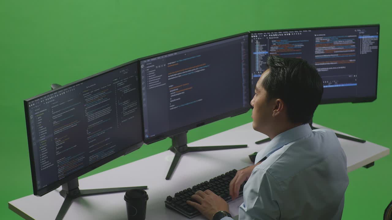 vista lateral del hombre asiático aburrido desarrollador escribir código con múltiples pantallas de computadora en estudio de pantalla verde