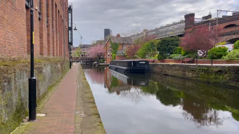 castlefield, manchester's city conservation area by river irwell in uk. static shot