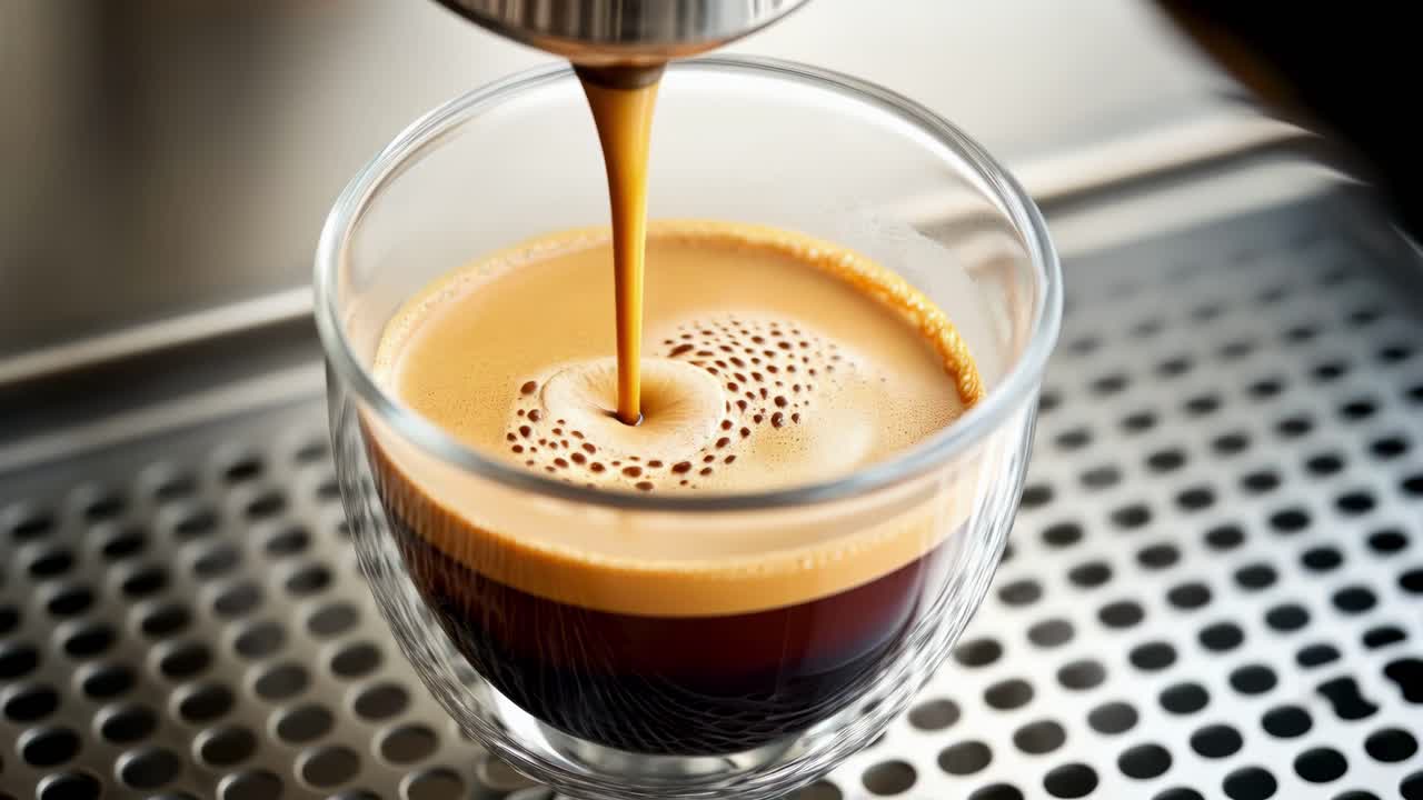 Close-up shot of espresso pouring into a glass cup, showcasing rich crema