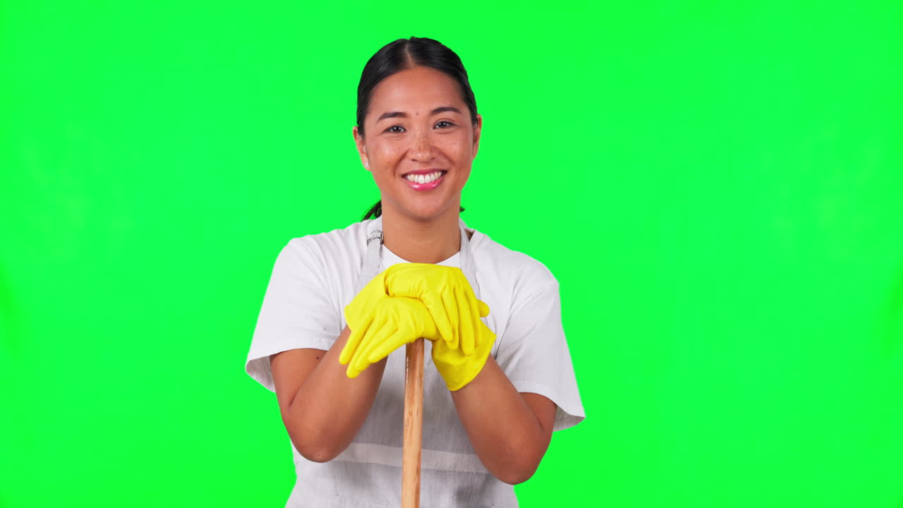 mujer, limpiadora y cara, pantalla verde