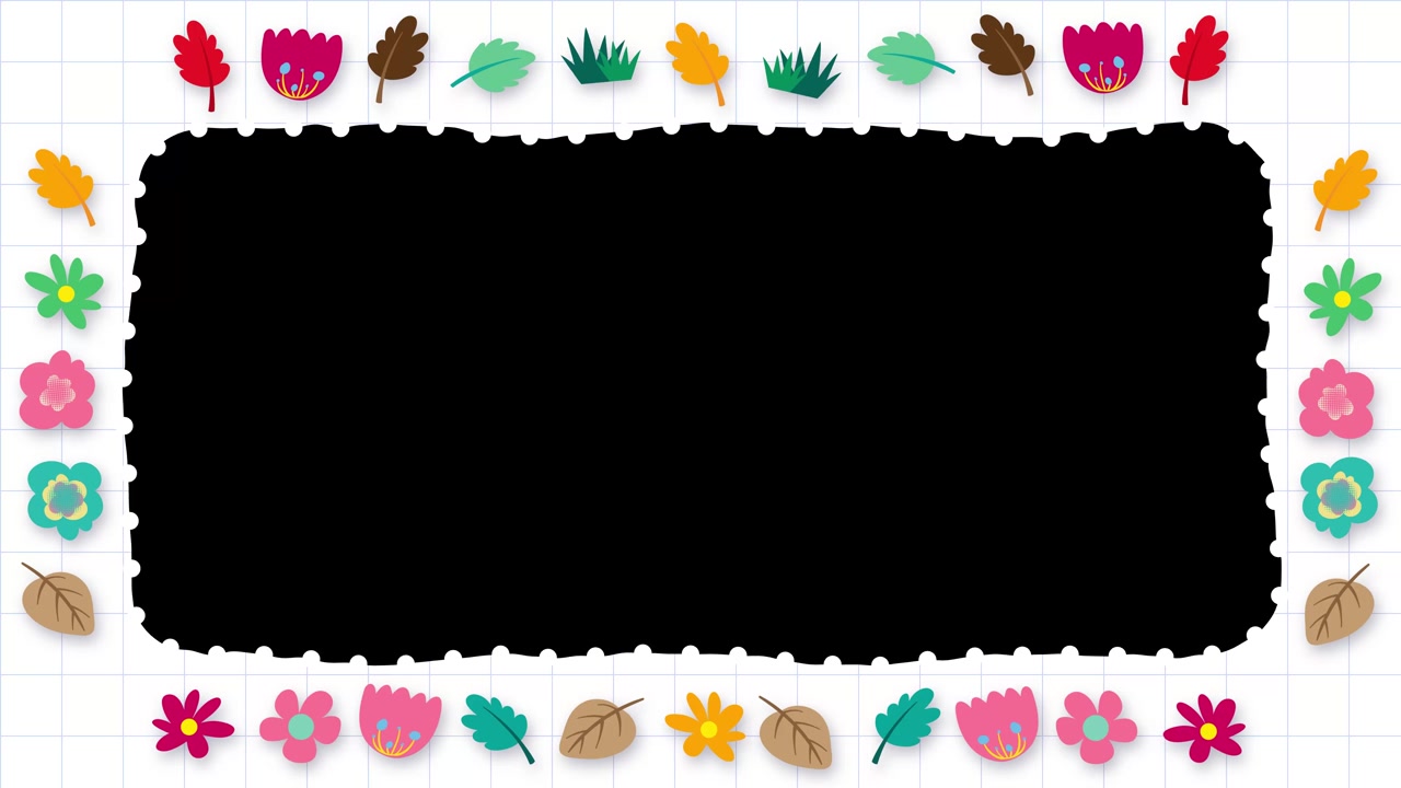 Looping animated whiteboard border decorated with hand drawn colorful flowers and autumn leaves.