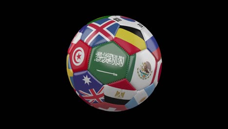 soccer ball with flags of countries of world on transparent, prores 4444 footage, alpha channel, loop