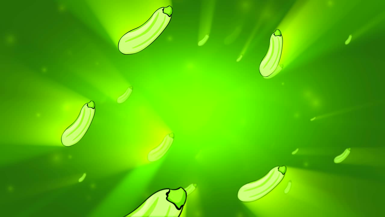 다채로운 zucchini는 녹색 배경에서 부드럽게 움직입니다. 3d 루핑 애니메이션.