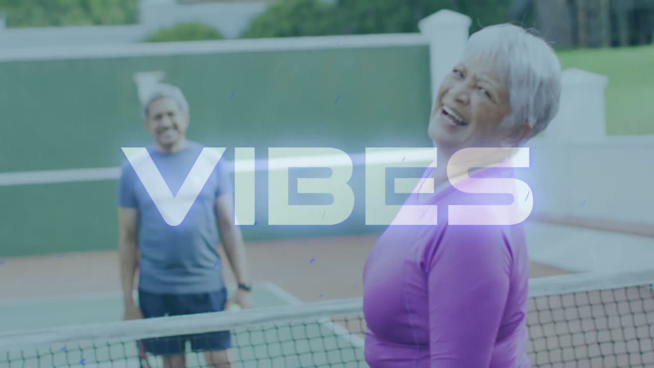 senior couple swinging rackets practicing tennis, displaying animated heart icon and health chart