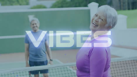 senior couple swinging rackets practicing tennis, displaying animated heart icon and health chart