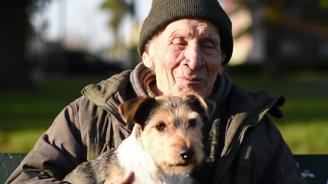 A Heartwarming Connection: An Elderly Man Sitting on a Bench with His Loyal Dog, Sharing Moments of Joy in a Sunlit Park Setting