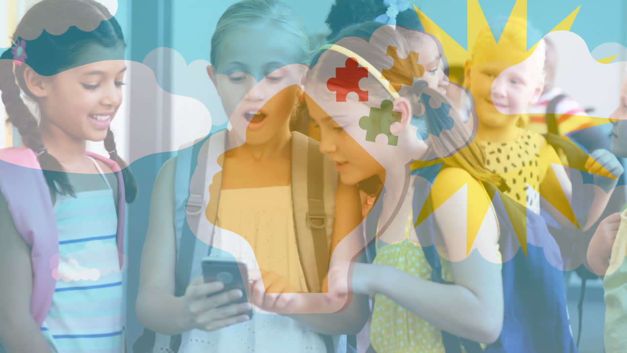 스마트 폰을 사용하는 다양한 학교 아이들 위에 퍼즐 조각과 구름의 애니메이션