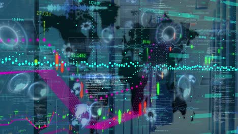 Animation-Der-Finanzdatenverarbeitung-über-Der-Weltkarte-Vor-Leerem-Computerserverraum