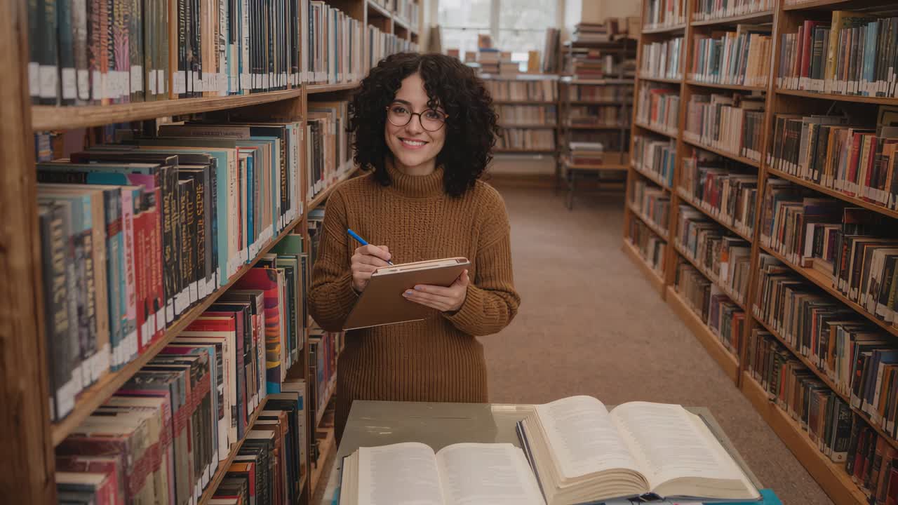 Donna con top marrone che consulta libri di riferimento, prende appunti in biblioteca, tenendo una penna blu e un portablocco.
