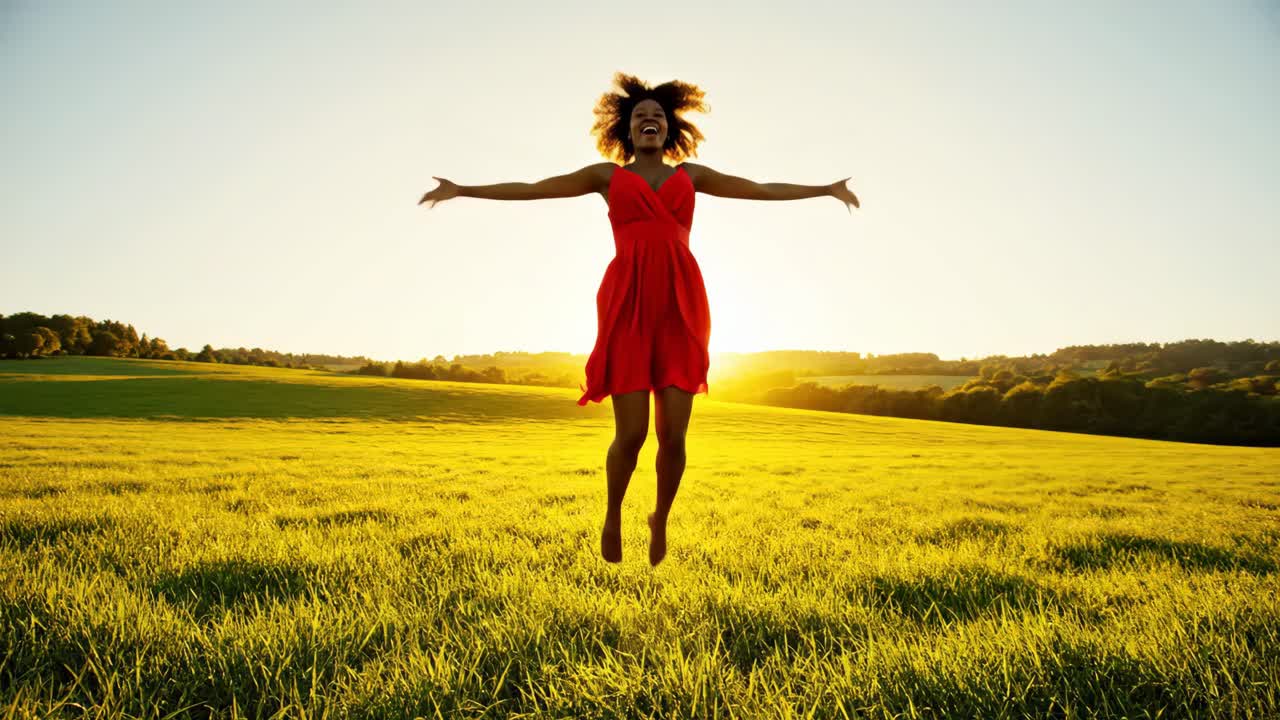 Woman in red dress jumping in a field at sunset