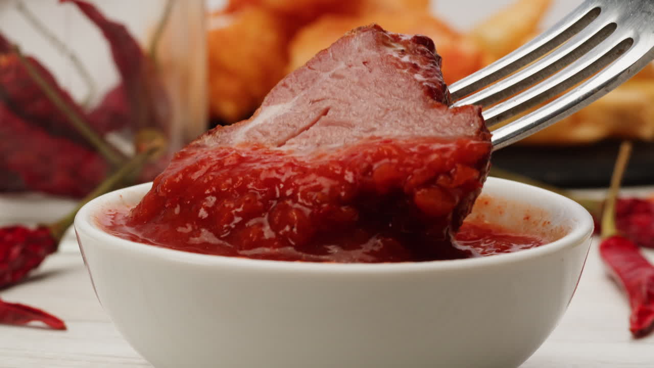 Spicy Pork with Red Sauce on a Fork