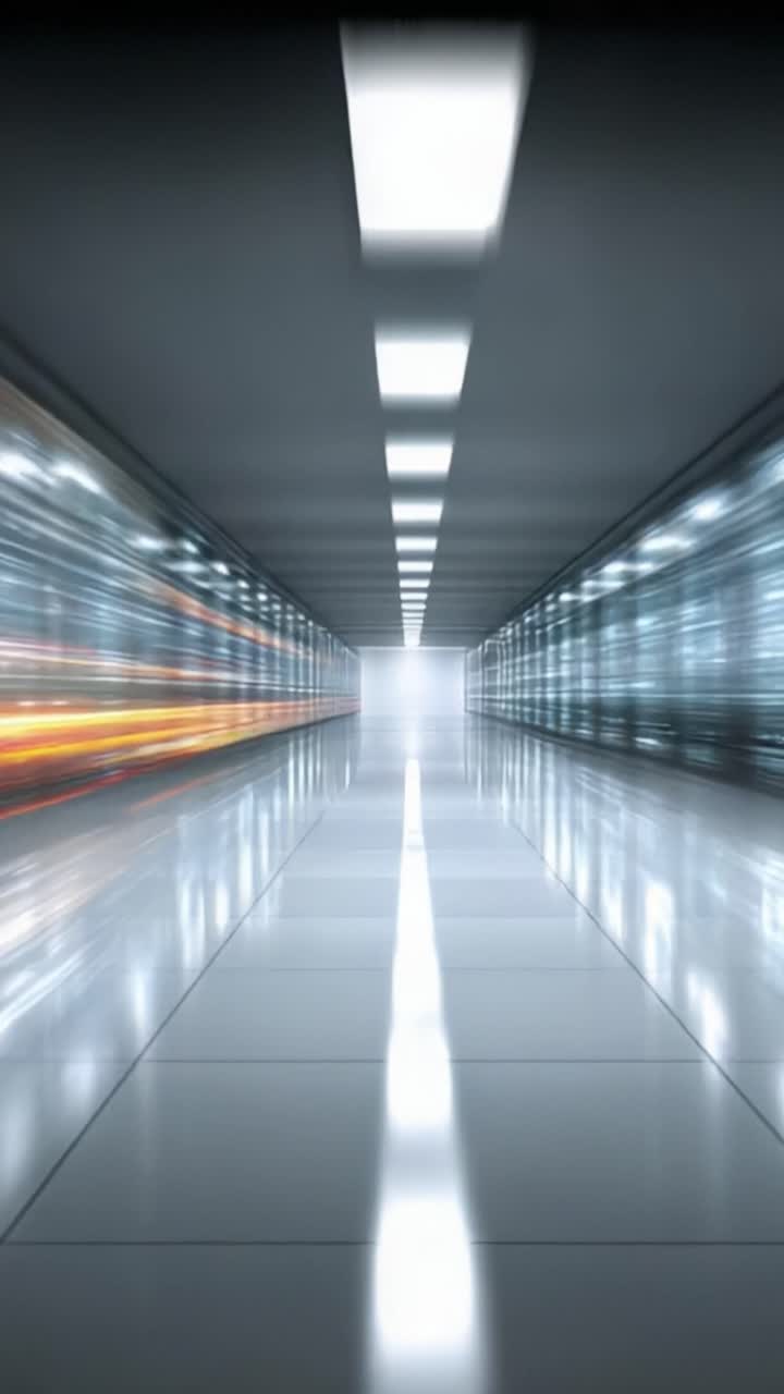 Un corridoio futuristico che mostra un effetto di movimento ad alta velocità in tunnel illuminati a LED, creando un senso di movimento dinamico e profondità in un design moderno ed elegante