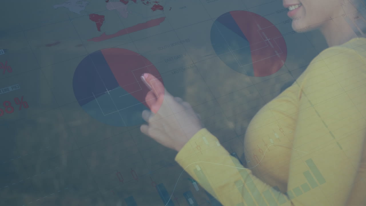 스마트폰을 사용하는 백인 여성 건축가에 대한 통계 데이터 처리의 애니메이션