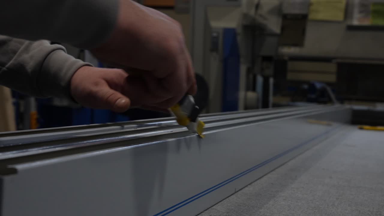 Worker applies adhesive or sealant along a metal profile by hand, creating a continuous bonding line for later assembly, sealing or structural fixation in a manufacturing workflow