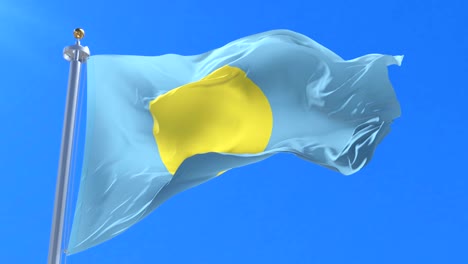 flag of palau waving at wind with blue sky in slow, loop