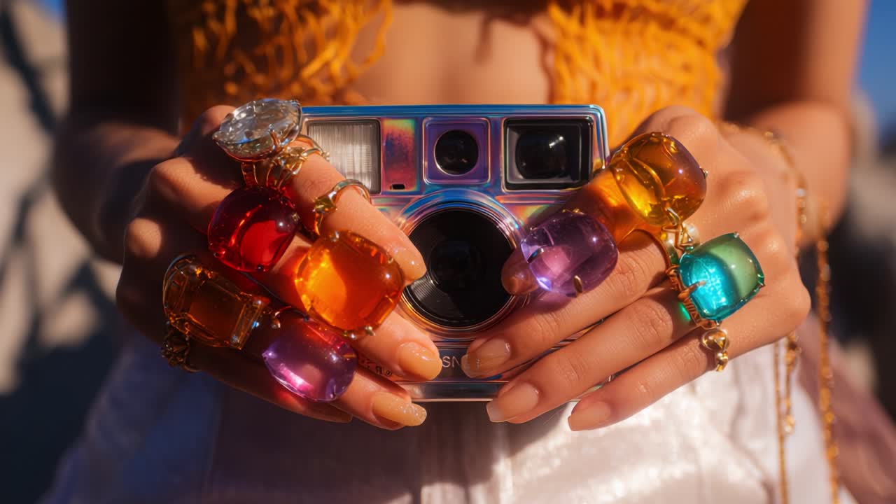 A Colorful Showcase of Vibrant Rings and a Vintage Camera Held in Delicate Hands, Capturing the Essence of Style and Self-Expression Underneath a Bright Blue Sky