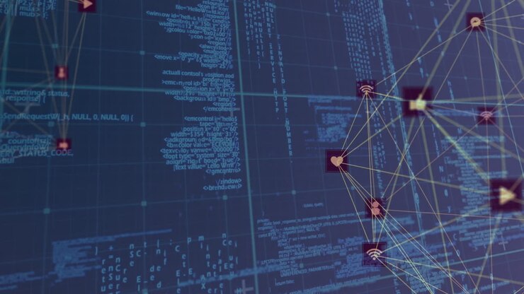 Animation af databehandling og netværk af forbindelser over sort baggrund