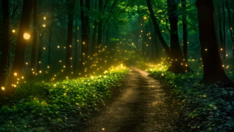 a magical forest path illuminated by fireflies