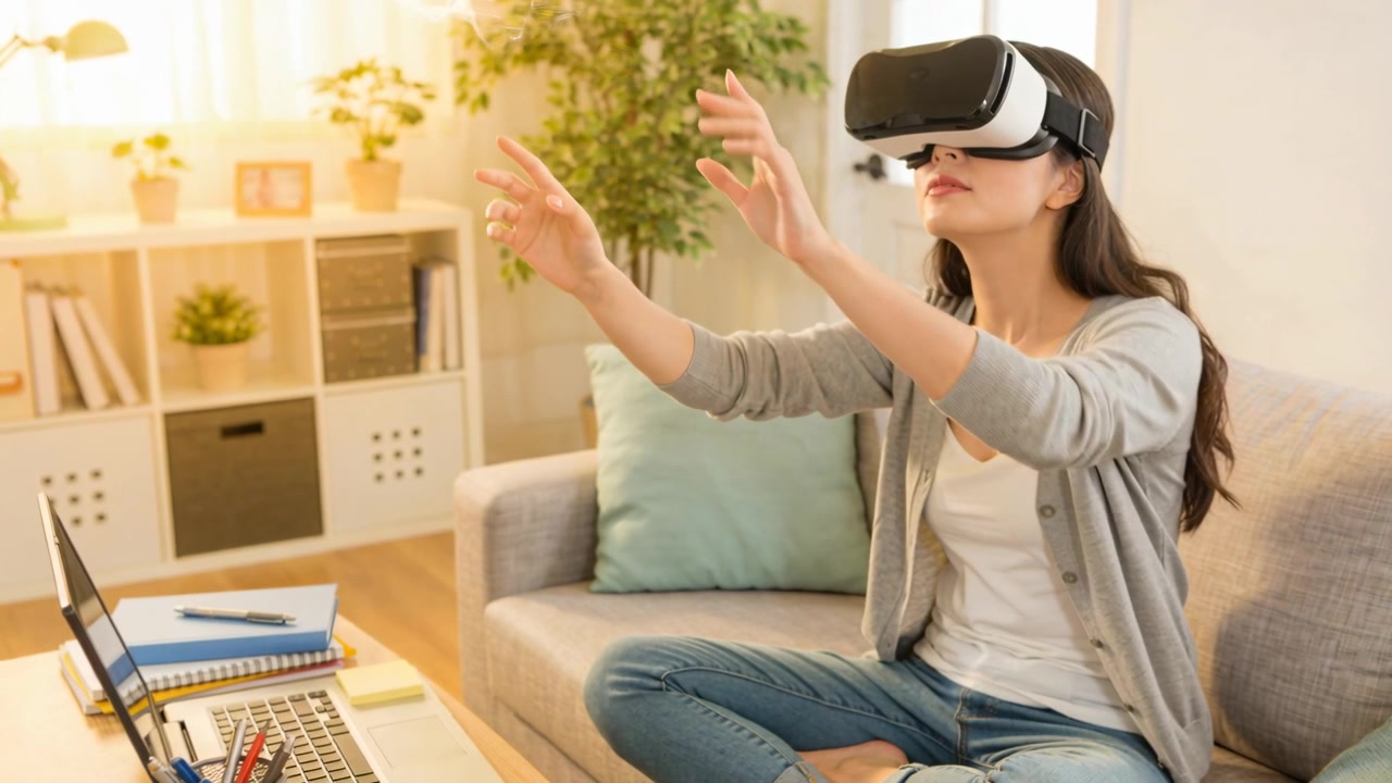 Vrouw in beeld draagt VR-headset, vest en jeans, verkent VR-wereld op bank met laptop, met ruimte voor tekst.