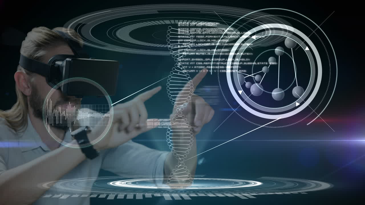 가상 현실 헤드을 사용하여 dna 스트랜드와 과학 데이터 애니메이션과 상호 작용하는 사람