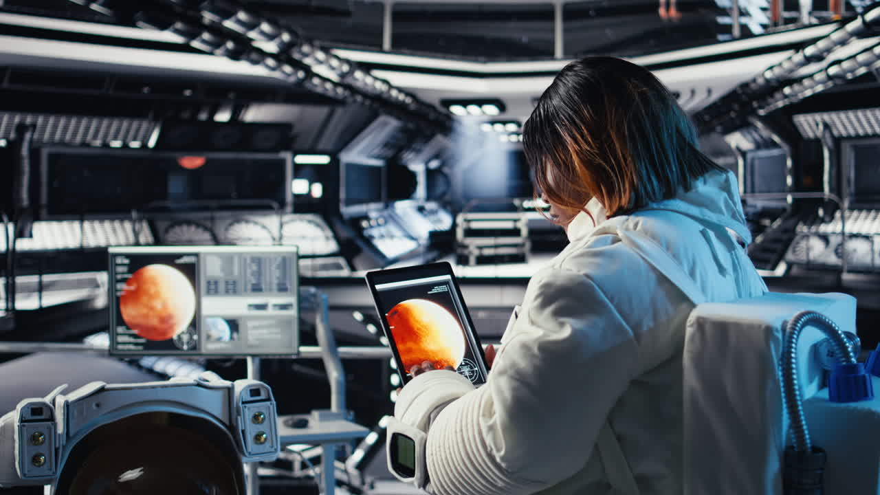 Astronaut inside futuristic spaceship checking red planet journey analytics