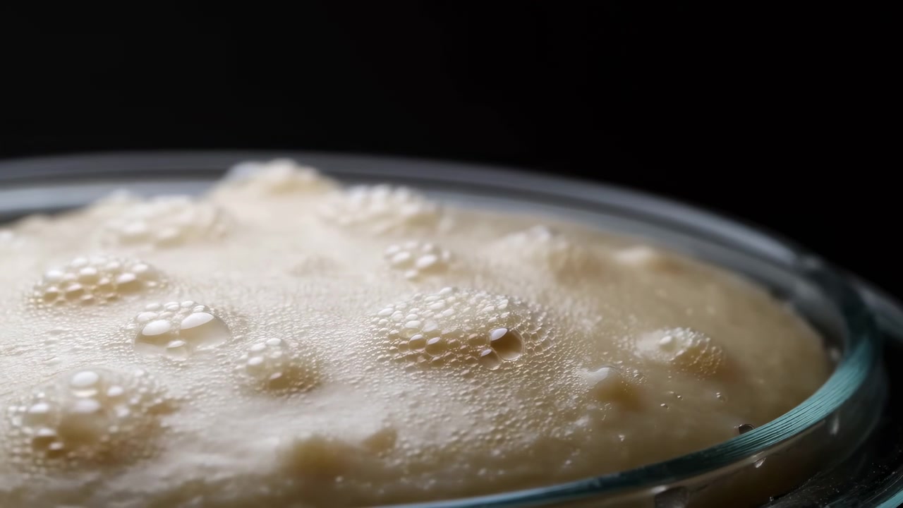 Una vista ravvicinata mostra una miscela chiara e cremosa che sviluppa piccole bolle sulla superficie in un contenitore di vetro, con sottili cambiamenti di texture, riflessi morbidi e un ambiente scuro che enfatizza una composizione liscia.