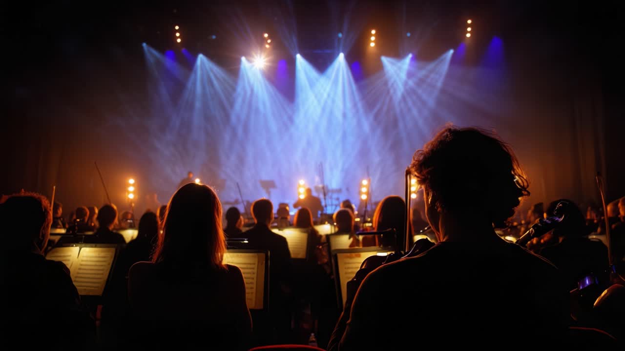 Coinvolgente esibizione sinfonica con illuminazione drammatica e musicisti di talento sotto i riflettori che creano un'esperienza musicale indimenticabile per il pubblico.