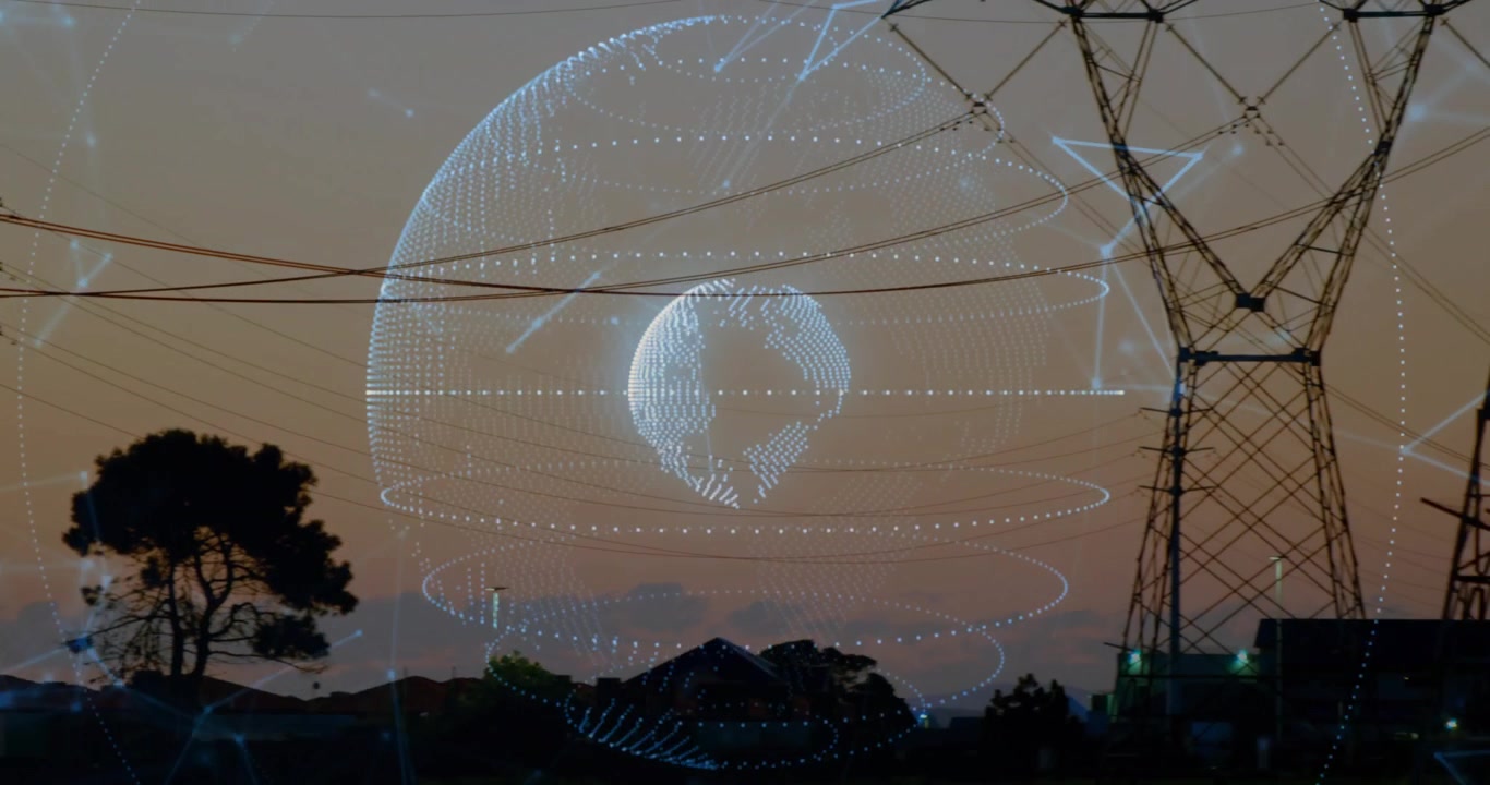 Al caer el anochecer, un globo de malla aparece con anillos giratorios entre pilones mostrando conectividad.