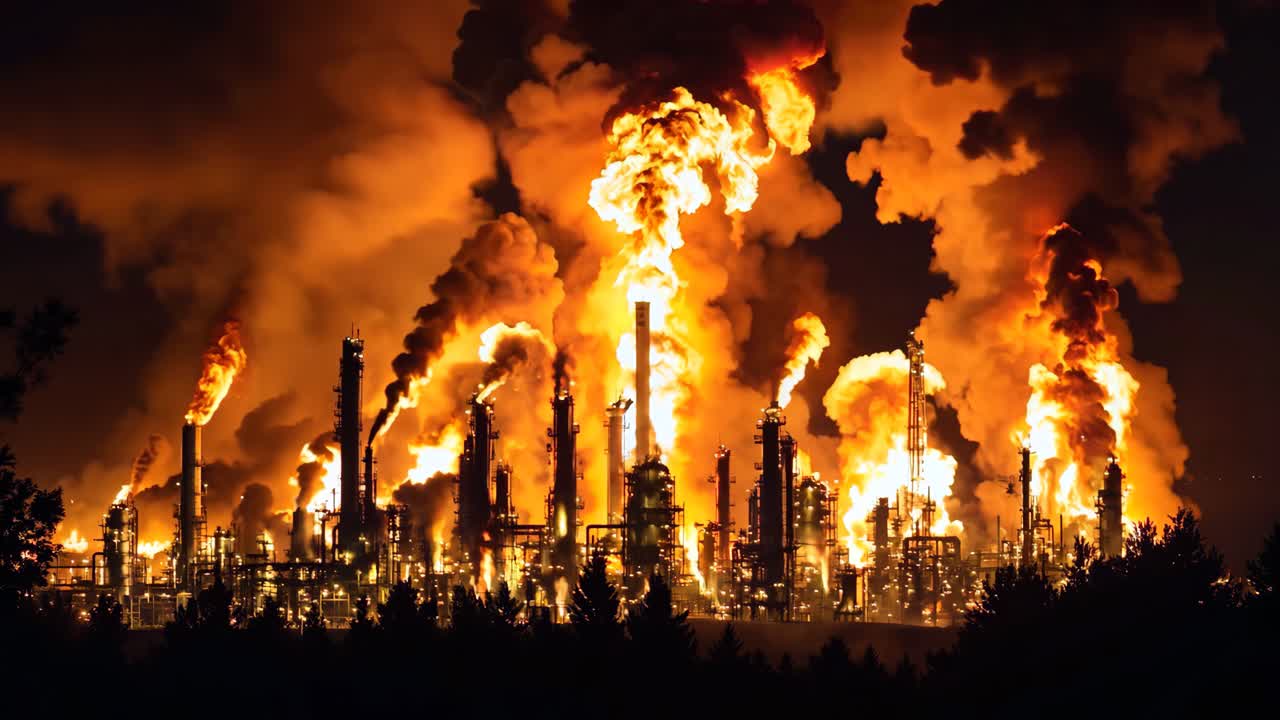 una gran refinería de petróleo con mucho humo saliendo de ella