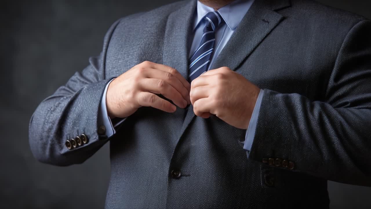 自信に満ちたプロフェッショナルがスーツのジャケットを整えている。スタイリッシュな服装でフォーマルな場やビジネス会議に備え、落ち着きと優雅さを漂わせる。
