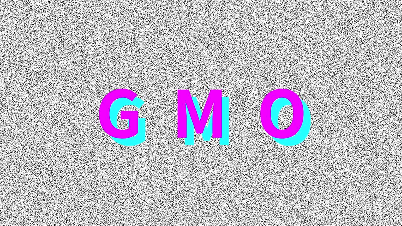 gmo. palabra sobre el problema de la comida en la vieja pantalla ruidosa. interferencia de vhs en bucle. fondo animado vintage. imágenes en 4k