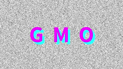 gmo. word about food problem on noisy old screen. looping vhs interference. vintage animated background. 4k footage