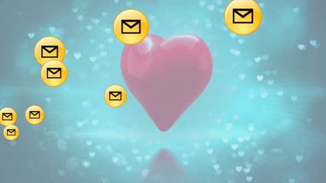 animación de varios iconos de sobre y corazón sobre fondo azul