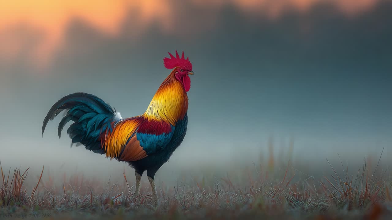 Un gallo vivace si pavoneggia con fierezza in un prato nebbioso all'alba, mettendo in mostra il suo piumaggio colorato su uno sfondo sereno di tenue luce mattutina.