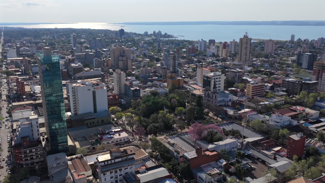 Aerial view of Plaza 9 de Julio with Paraná River in the background, Posadas, Misiones, Argentina