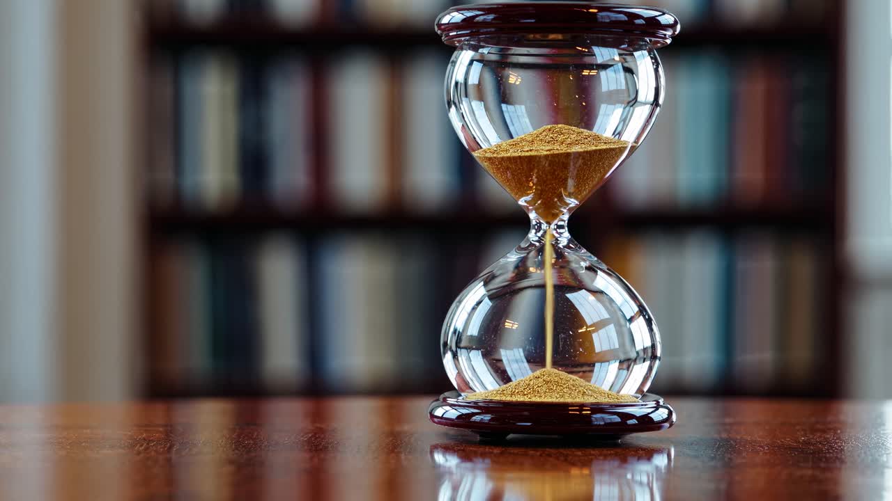Close-up video of an hourglass on a wooden table, with a blurred bookshelf background