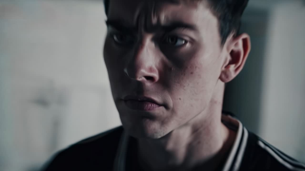 Close-up video shot of a person with an intense expression, capturing raw emotion
