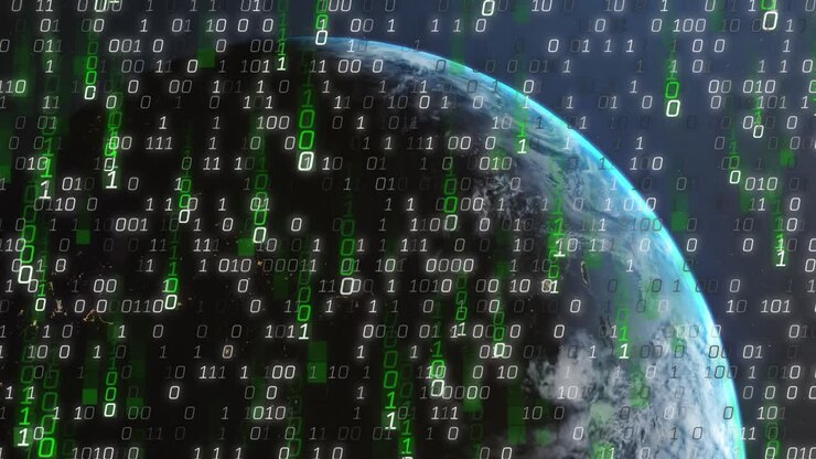 Animation of binary coding and data processing over globe