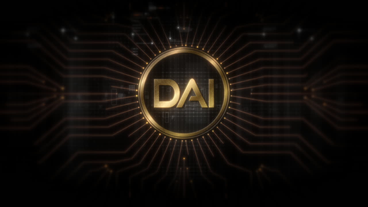 Futuristic digital background highlighting advanced cryptocurrency and encryption technology, featuring blockchain networks and secure cryptographic systems : DAI