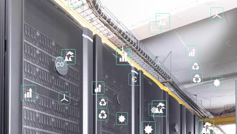 animation of eco icons and data processing over computer servers