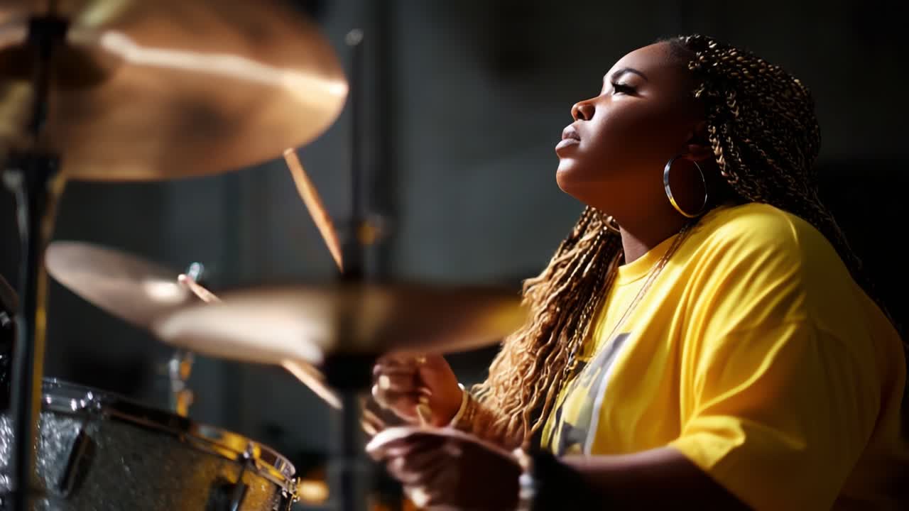 A Talented Female Drummer Showcases Her Passion and Skill in a Dynamic Performance, Capturing the Essence of Music through Powerful Rhythm and Engaging Expression