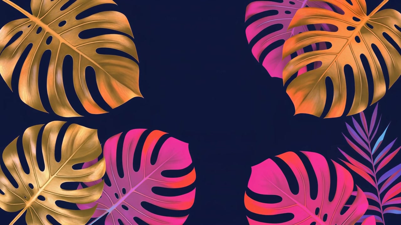 Animated Tropical Monstera Leaves in Gold and Neon Pink