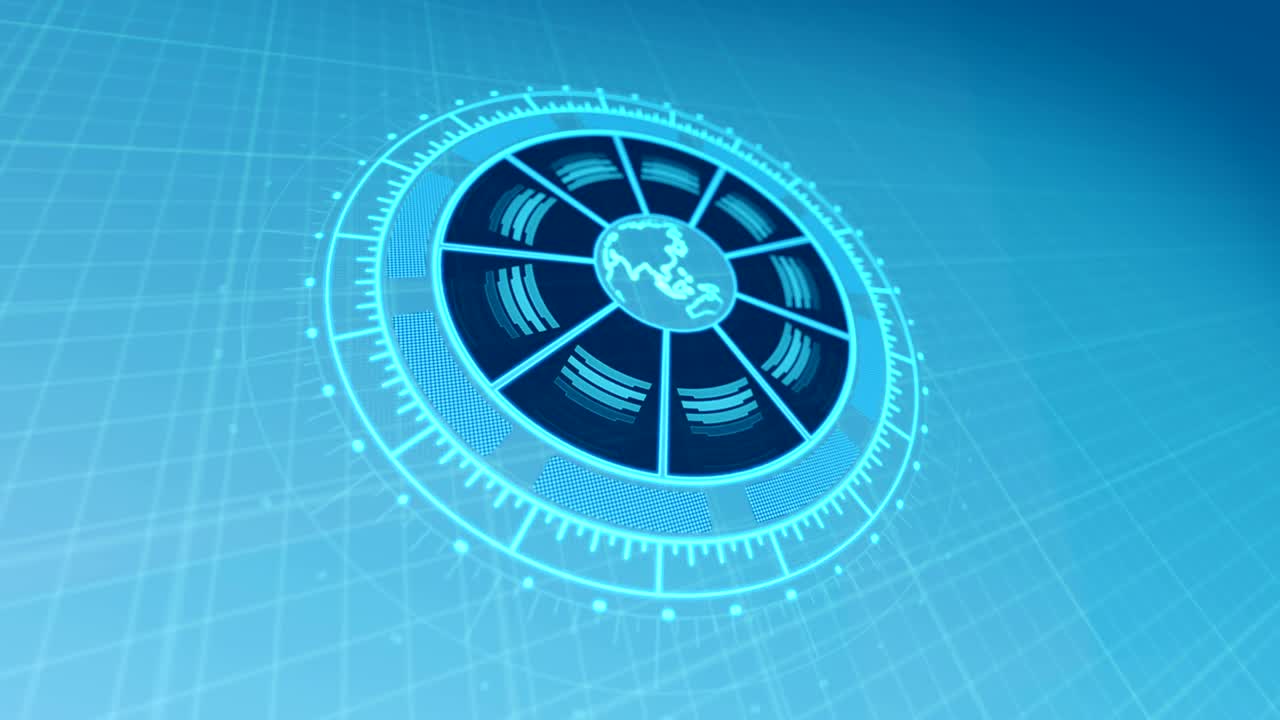 밝은 푸른 hud 인터페이스와 지구 행성의 어두운 대조 4k 렌더링 비디오 영상.