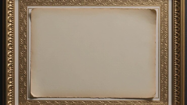 Inquadratura della telecamera che si stringe, centrando una pergamena incorniciata su una parete della galleria, rivelando una cornice dorata ornata.